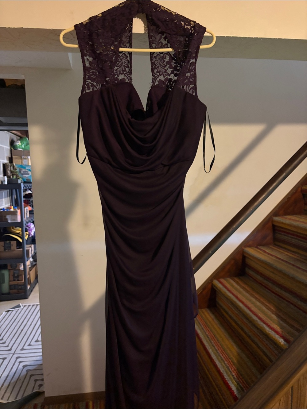 Xscape Deep Purple Lace-Back Draped Maxi Gown